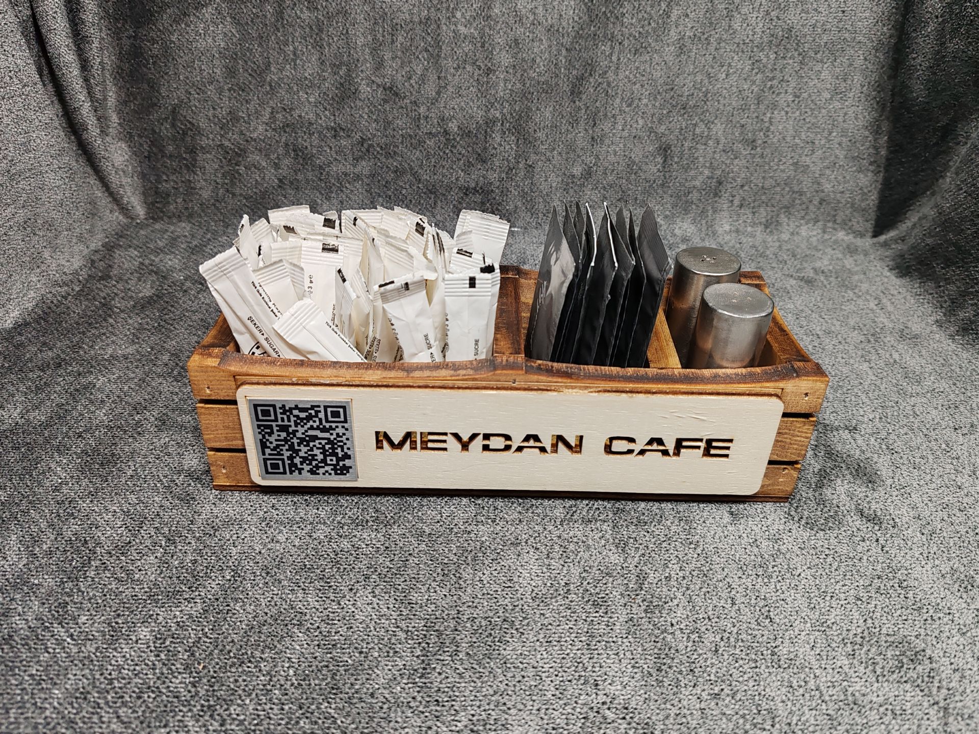 Cafe ve Restoran için Doğal Ahşap Menaj Takımı (Şekerlik, Peçetelik, Sosluk) - Model 3