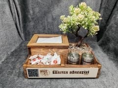 Cafe ve Restoran için Doğal Ahşap Dispenser Menaj Takımı - Çiçekli (Şekerlik, Peçetelik, Sosluk) - Model 13