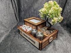 Cafe ve Restoran için Doğal Ahşap Dispenser Menaj Takımı - Çiçekli (Şekerlik, Peçetelik, Sosluk) - Model 13