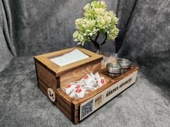 Cafe ve Restoran için Doğal Ahşap Dispenser Menaj Takımı - Çiçekli (Şekerlik, Peçetelik, Sosluk) - Model 13