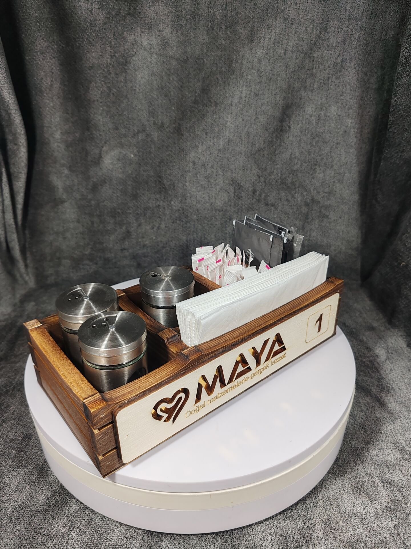 Cafe ve Restoran için Doğal Ahşap Menaj Takımı (Şekerlik, Peçetelik, Sosluk) - Model 10