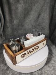 Cafe ve Restoran için Doğal Ahşap Menaj Takımı (Şekerlik, Peçetelik, Sosluk) - Model 10